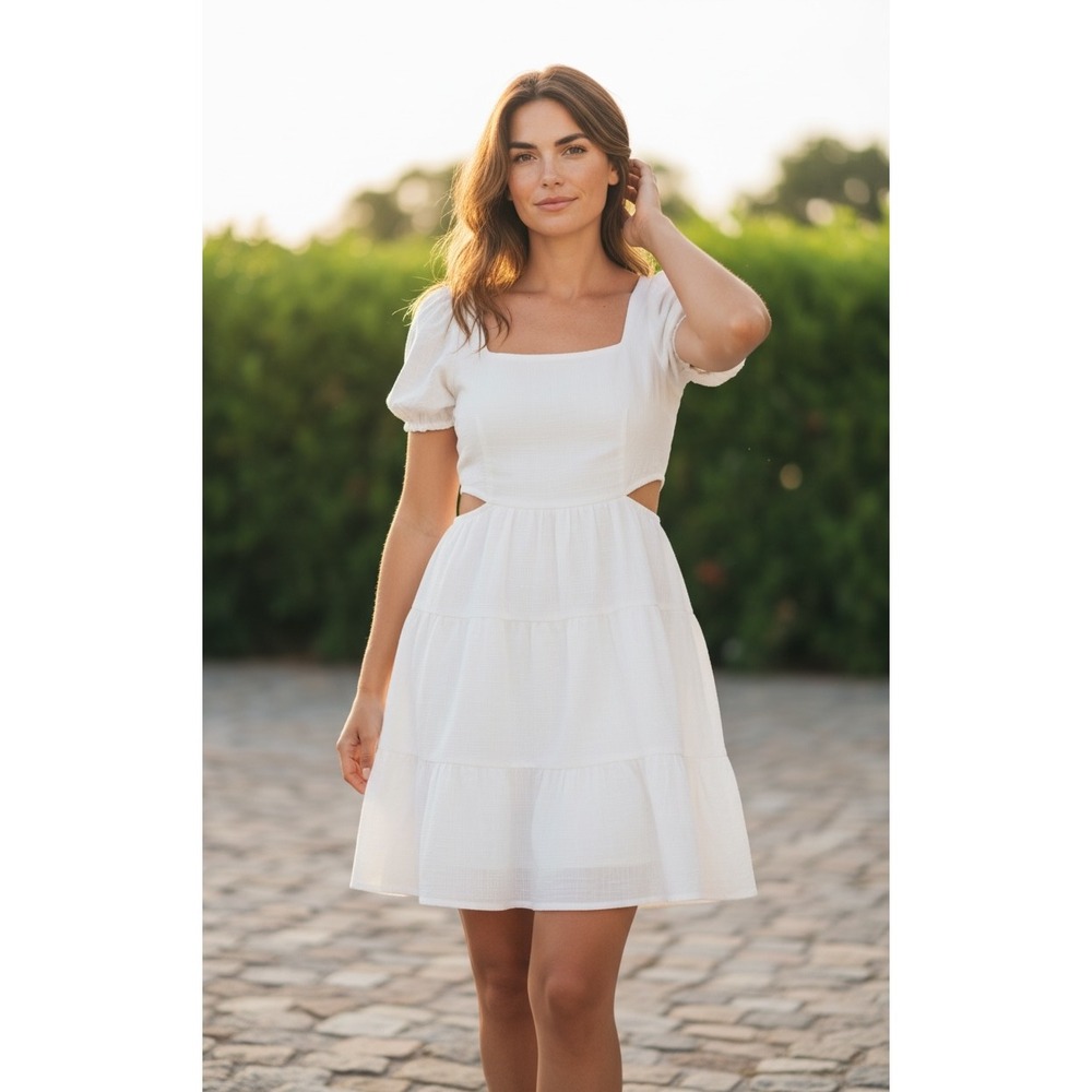 Janet Gold White Smocked Cut-Out Tiered Cotton Mini Dress Medium